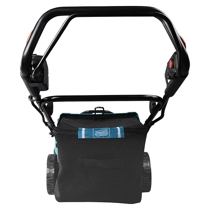 Makita LXT 18V Akku-Rasenmäher DLM539PT2 - 36 V, 2 Akkus, 5 Ah, Schnittbreite: 53,4 cm - Nahaufnahme eines Rasenmähers mit Fangkorb, der auf einer schwarzen Oberfläche steht. Gut geeignet für Gartenarbeiten.