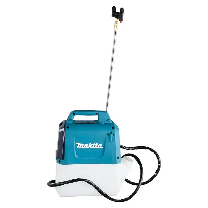 Makita LXT 18V Akku-Sprühgerät DUS054Z - 18 V, Ohne Akku, 1,5 bar - 3 bar - Makita Akku-Drucksprüher mit Sprühlanze. Das Gerät ist blaugrün und weiß, mit schwarzem Schlauch und silberner Lanze.
