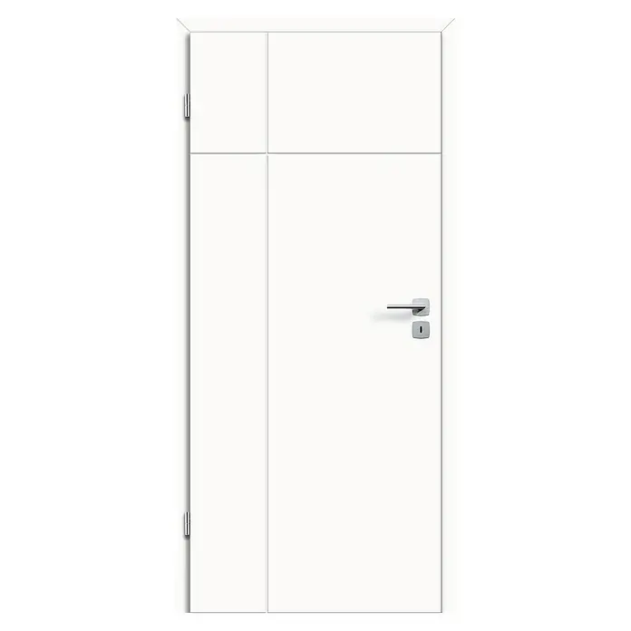 Kilsgaard Zimmertür 15/02 - 860 x 1.985 mm, DIN Anschlag: Links, Weiß lackiert, ähnlich RAL 9010, Röhrenspan - Eine moderne, weiße Tür mit horizontalen und vertikalen Linien und einem Griff aus gebürstetem Stahl. Das Türdesign ist schlicht und elegant.