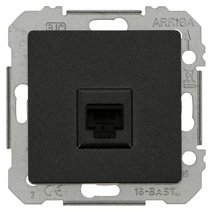 Siemens DELTA Mega UAE-Dose SIE039512 - Carbon Metallic, Glänzend, Kunststoff, Unterputzmontage - Dunkelgraues Ethernet-Modul mit einem RJ45-Anschluss auf einem Metallrahmen.