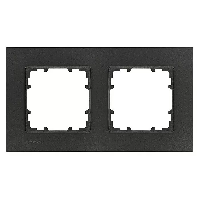 Siemens DELTA Mega Abdeckrahmen Design - Carbon Metallic, 2-fach, Kunststoff - Schwarzer, texturierter Doppelrahmen für Schalter oder Steckdosen, mit Siemens-Logo.