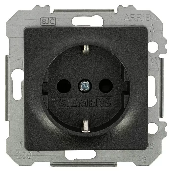 Siemens DELTA Mega Steckdose SIE039475 - Carbon Metallic, Glänzend, Kunststoff, Unterputzmontage - Schwarze Siemens Schuko-Steckdose mit grauem Metall-Montagerahmen.