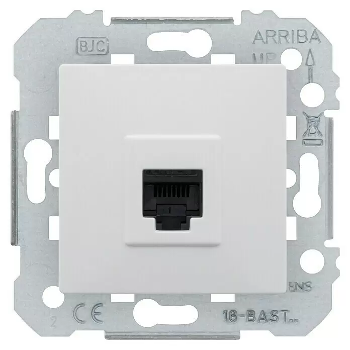 Siemens DELTA Viva UAE-Datendose SIE039710 - Polar Weiß, Glänzend, Unterputzmontage - Weiße BJC Netzwerk-Wandsteckdose mit schwarzem RJ45-Anschluss und Metallmontagerahmen.