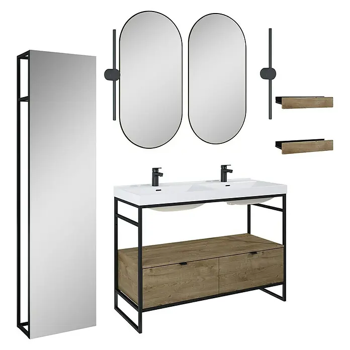 Inspira Badmöbel-Set DH1 - 9 -tlg., 120 cm, White/Canela Oak/Black, Form: Oval - Das Bild zeigt ein modernes Badezimmer-Set mit Waschtisch, Spiegeln und Regalen in Schwarz und Holzoptik.