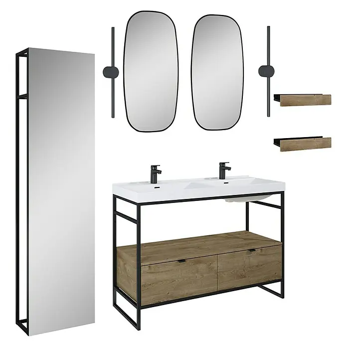 Inspira Badmöbel-Set DH2 - 9 -tlg., 120 cm, White/Canela Oak/Black, Form: Gebogen - Badezimmerset mit Waschtischunterschrank, Waschbecken, Spiegeln und Regalen. Das Set besticht durch sein modernes Design und die hochwertige Verarbeitung.