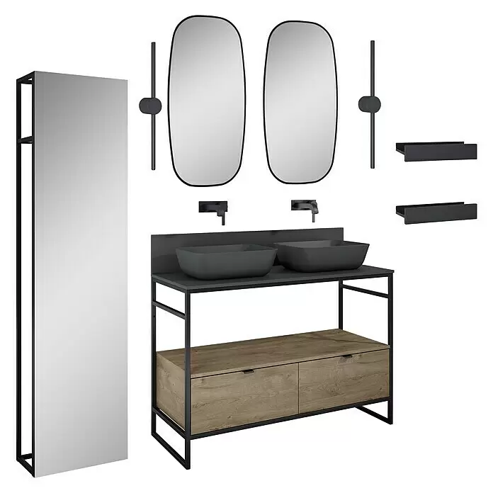 Inspira Badmöbel-Set AA1 - Gesamtbreite Badmöbel: 120 cm, Anthracite/Canela Oak/Black, Matt, 15 -tlg. - Diagonale Ansicht