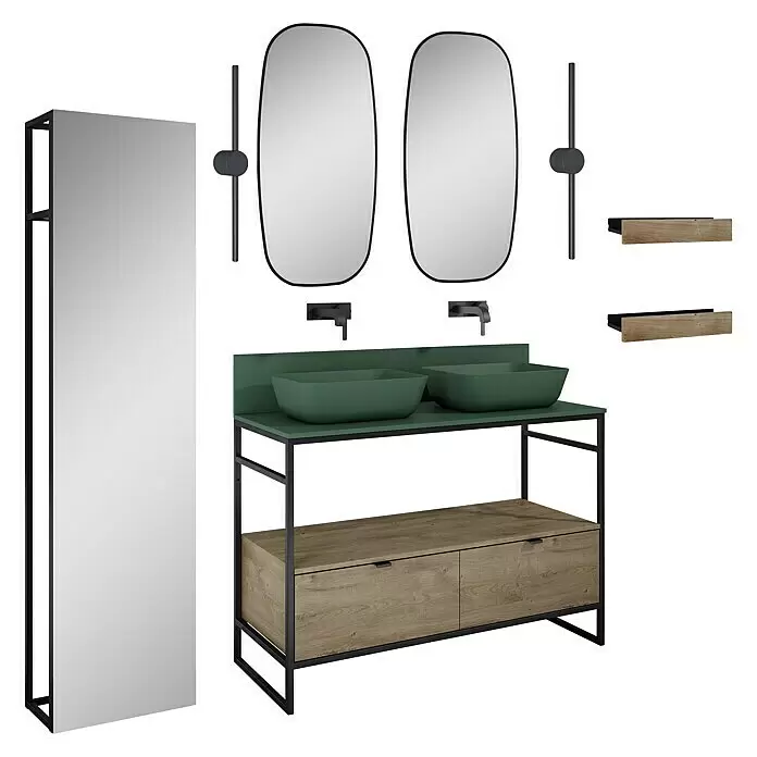 Inspira Badmöbel-Set AA2 - Gesamtbreite Badmöbel: 120 cm, Forest Green/Canela Oak/Black, Matt, 15 -tlg. - Diagonale Ansicht