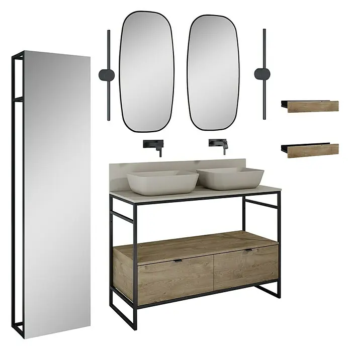 Inspira Badmöbel-Set AA3 - Gesamtbreite Badmöbel: 120 cm, Fume/Canela Oak/Black, Matt, 15 -tlg. - Ein modernes Badezimmer-Set mit Doppelwaschtisch, Spiegeln und passenden Regalen in stilvollem Design.