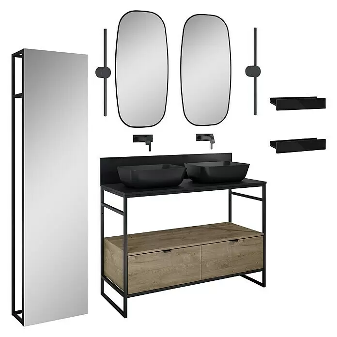 Inspira Badmöbel-Set AA5 - Gesamtbreite Badmöbel: 120 cm, Black/Canela Oak, Matt, 15 -tlg. - Diagonale Ansicht