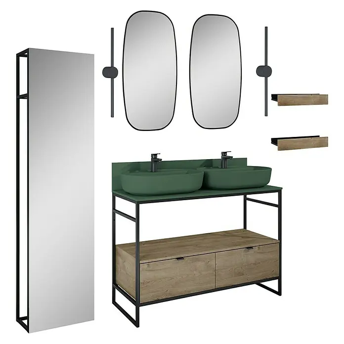 Inspira Badmöbel-Set AB2 - Gesamtbreite Badmöbel: 120 cm, Forest Green/Canela Oak/Black, Matt, 15 -tlg. - Einrichtung mit Doppelwaschtisch und Spiegeln. Das Waschbecken ist in einem modernen Grün gehalten, die Möbel haben Holzdetails.