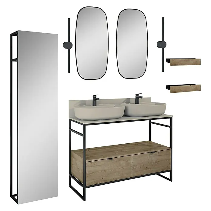 Inspira Badmöbel-Set AB3 - Gesamtbreite Badmöbel: 120 cm, Fume/Canela Oak/Black, Matt, 15 -tlg. - Ein Badezimmer-Set mit Waschtisch, Spiegeln und Schrank in modernem Design. Das Set besticht durch seine klaren Linien und die Kombination aus Holz und Metall.