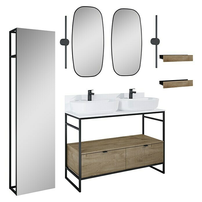 Inspira Badmöbel-Set AB7 (Gesamtbreite Badmöbel: 120 cm, White/Canela Oak/Black, Matt, 15 -tlg.) | BAUHAUS