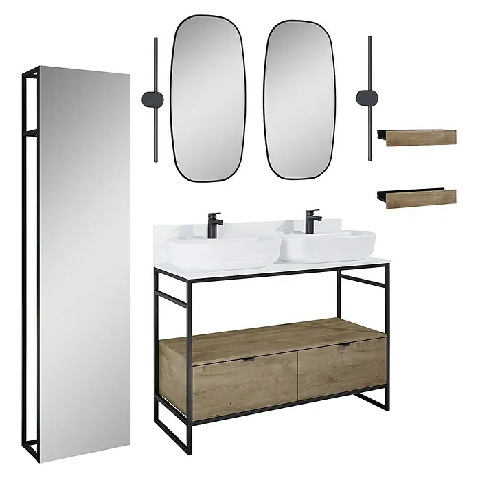 Inspira Badmöbel-Set AB7 - Gesamtbreite Badmöbel: 120 cm, White/Canela Oak/Black, Matt, 15 -tlg. - Ein modernes Badezimmerset mit Waschtisch, Spiegeln und Regalen in Schwarz und Holzoptik, ideal für stilvolle Badezimmer.