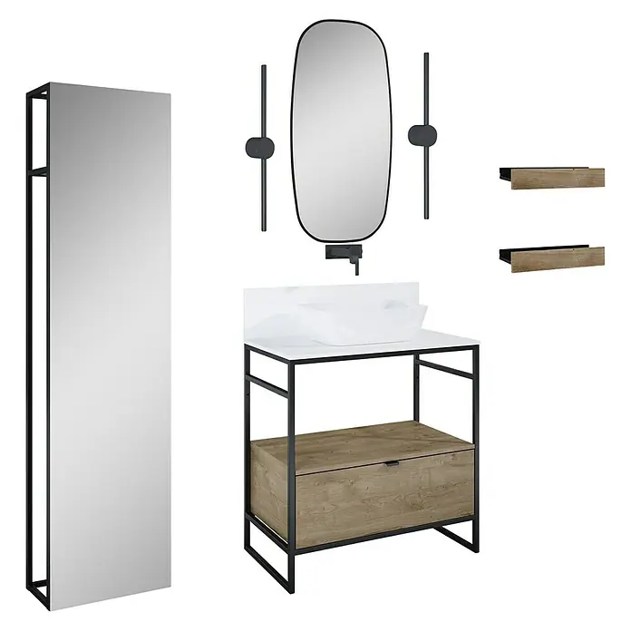 Inspira Badmöbel-Set AC1 - Gesamtbreite Badmöbel: 80 cm, White/Canela Oak/Black, Matt, 12 -tlg. - Badezimmerset mit Waschtischunterschrank, Spiegelschrank und Accessoires in modernem Design.