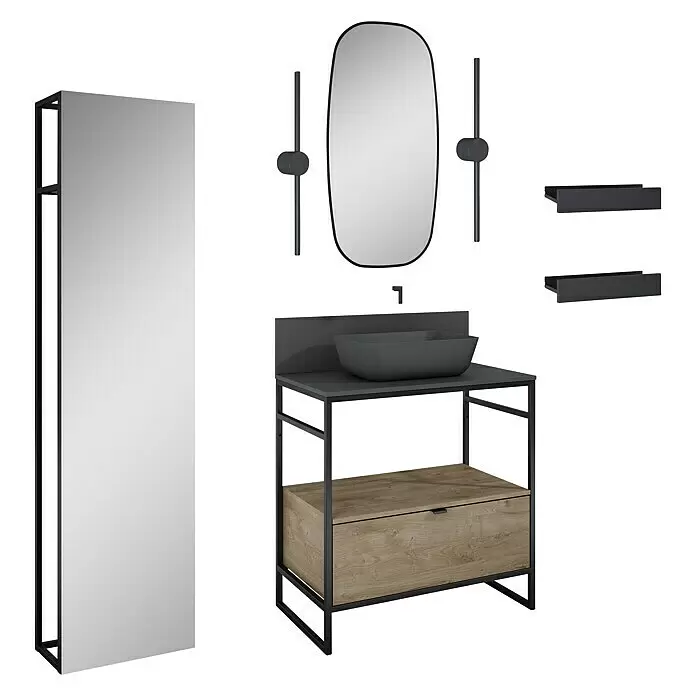 Inspira Badmöbel-Set AC2 - Gesamtbreite Badmöbel: 80 cm, Anthracite/Canela Oak/Black, Matt, 12 -tlg. - Diagonale Ansicht