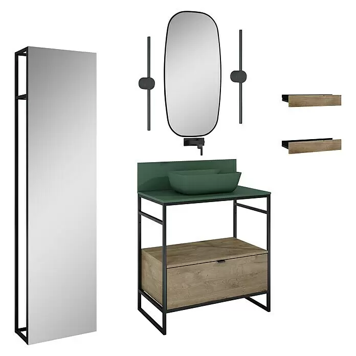 Inspira Badmöbel-Set AC3 - Gesamtbreite Badmöbel: 80 cm, Forest Green/Canela Oak/Black, Matt, 12 -tlg. - Diagonale Ansicht