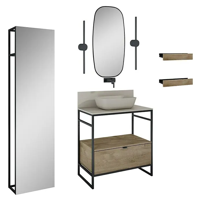 Inspira Badmöbel-Set AC4 - Gesamtbreite Badmöbel: 80 cm, Fume/Canela Oak/Black, Matt, 12 -tlg. - Badezimmer-Set mit Waschbecken, Spiegel, Schrank und Ablagen in modernem Design.