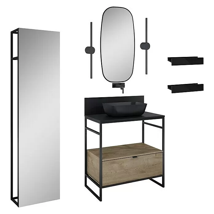 Inspira Badmöbel-Set AC6 - Gesamtbreite Badmöbel: 80 cm, Black/Canela Oak, Matt, 12 -tlg. - Diagonale Ansicht