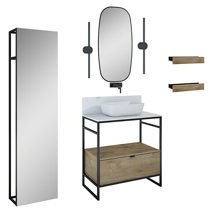Inspira Badmöbel-Set AC7 (12 -tlg., 80 cm, Stone/Canela Oak/Black, Matt)