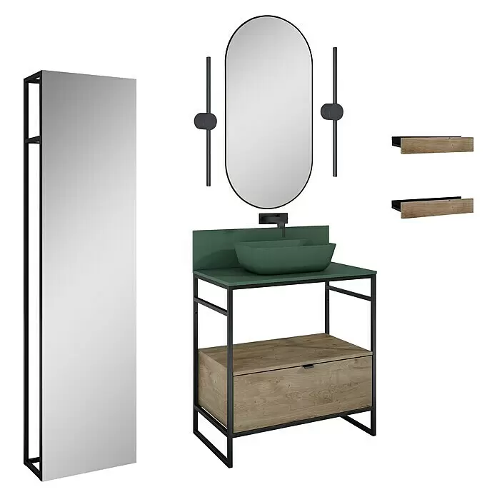 Inspira Badmöbel-Set AD3 - Gesamtbreite Badmöbel: 80 cm, Forest Green/Canela Oak/Black, Matt, 12 -tlg. - Diagonale Ansicht