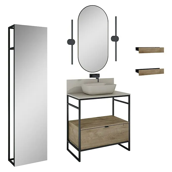 Inspira Badmöbel-Set AD4 - Gesamtbreite Badmöbel: 80 cm, Fume/Canela Oak/Black, Matt, 12 -tlg. - Ein modernes Badezimmerset mit einem Waschtisch, einem ovalen Spiegel mit Leuchten und einem hohen Spiegelschrank.