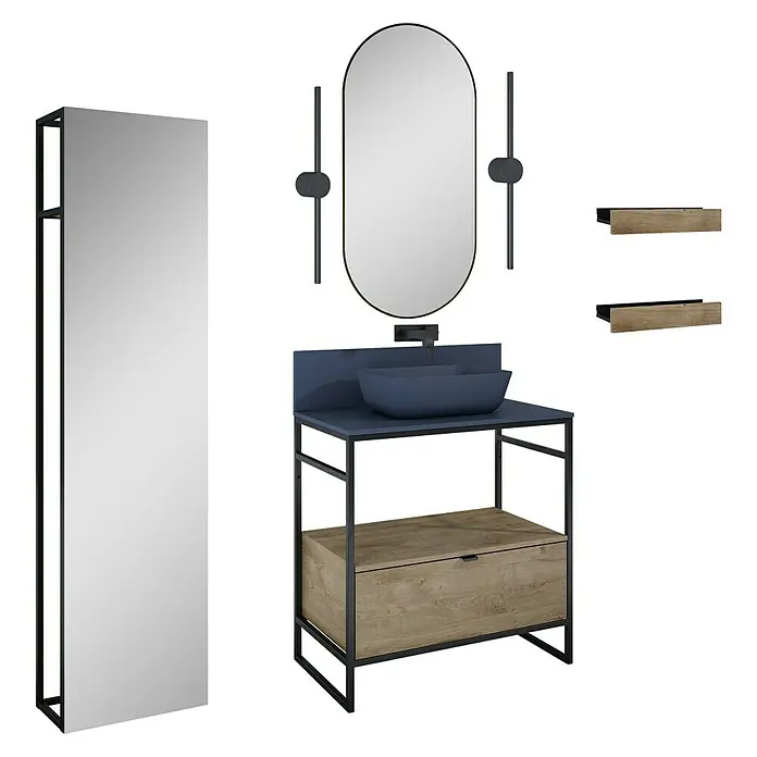 Inspira Badmöbel-Set AD5 - Gesamtbreite Badmöbel: 80 cm, Navy Blue/Canela Oak/Black, Matt, 12 -tlg. - Badezimmer-Set mit Waschbeckenunterschrank, Spiegel und Regalen. Das Set besticht durch sein modernes Design und hochwertige Verarbeitung.