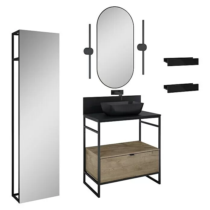 Inspira Badmöbel-Set AD6 - Gesamtbreite Badmöbel: 80 cm, Black/Canela Oak, Matt, 12 -tlg. - Diagonale Ansicht