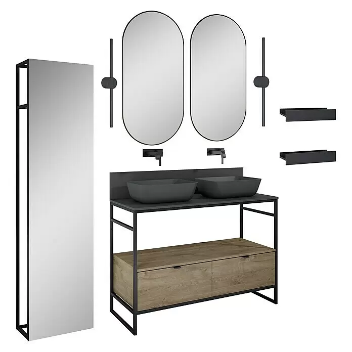 Inspira Badmöbel-Set AE1 - Gesamtbreite Badmöbel: 120 cm, Anthracite/Canela Oak/Black, Matt, 15 -tlg. - Diagonale Ansicht