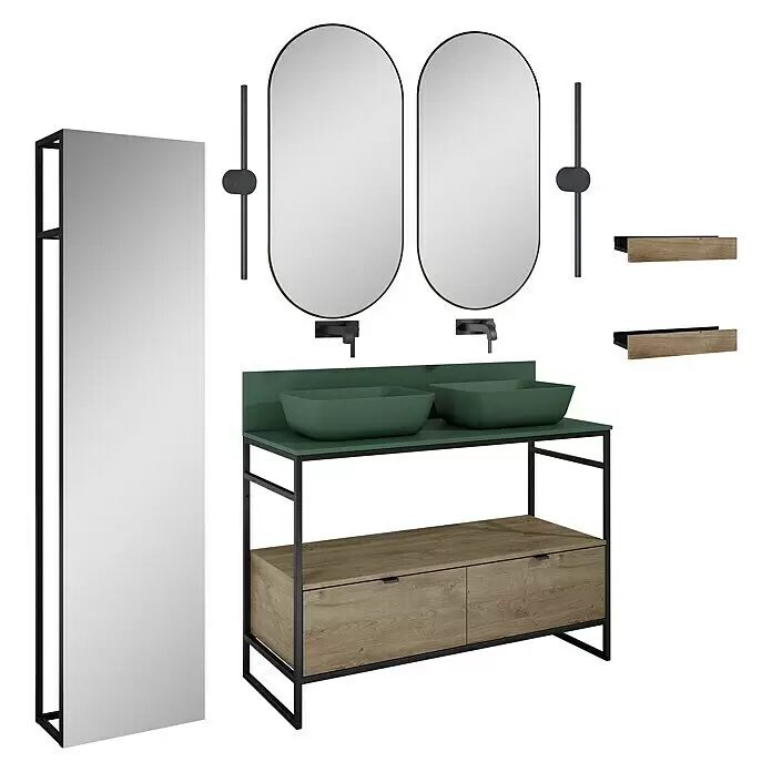 Inspira Badmöbel-Set AE2 - Gesamtbreite Badmöbel: 120 cm, Forest Green/Canela Oak/Black, Matt, 15 -tlg. - Diagonale Ansicht