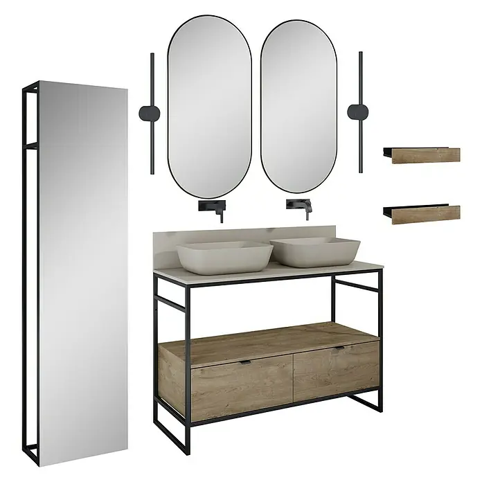 Inspira Badmöbel-Set AE3 - Gesamtbreite Badmöbel: 120 cm, Fume/Canela Oak/Black, Matt, 15 -tlg. - Ein modernes Badezimmer-Set mit Waschtisch, zwei Waschbecken, Spiegeln und Holzregalen, das Eleganz und Funktionalität vereint.