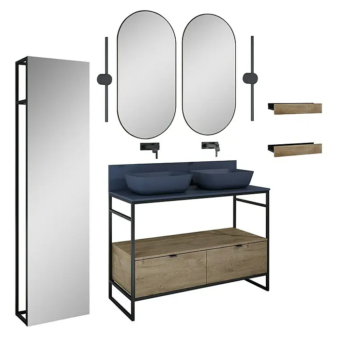 Inspira Badmöbel-Set AE4 - Gesamtbreite Badmöbel: 120 cm, Navy Blue/Canela Oak/Black, Matt, 15 -tlg. - Badezimmerensemble mit Waschtisch, Spiegeln und Regalen für ein stilvolles Ambiente.\n