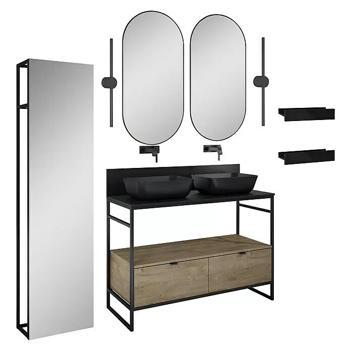 Inspira Badmöbel-Set AE5 - Gesamtbreite Badmöbel: 120 cm, Black/Canela Oak, Matt, 15 -tlg. - Diagonale Ansicht