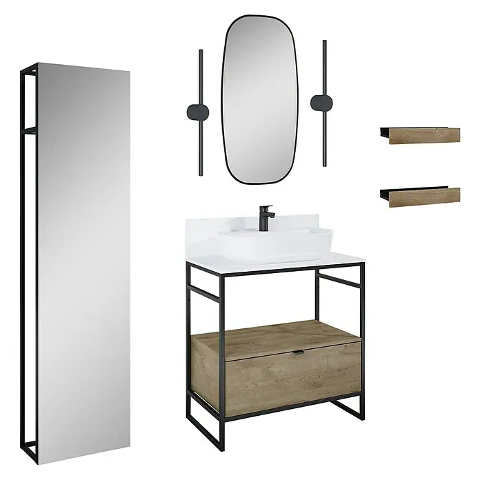 Inspira Badmöbel-Set AF1 - Gesamtbreite Badmöbel: 80 cm, White/Canela Oak/Black, Matt, 12 -tlg. - Badezimmergarnitur mit Waschtischunterschrank mit Schublade, Spiegel und zwei Ablagen. Schwarze Metallrahmen und helle Holzelemente.