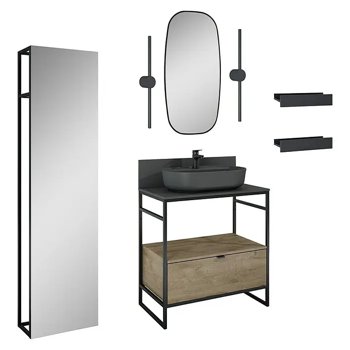 Inspira Badmöbel-Set AF2 - Gesamtbreite Badmöbel: 80 cm, Anthracite/Canela Oak/Black, Matt, 12 -tlg. - Badezimmer-Set mit Waschtischunterschrank, Waschbecken, Spiegel und Regalen in modernem Design. Das Set bietet stilvolle Badmöbel.