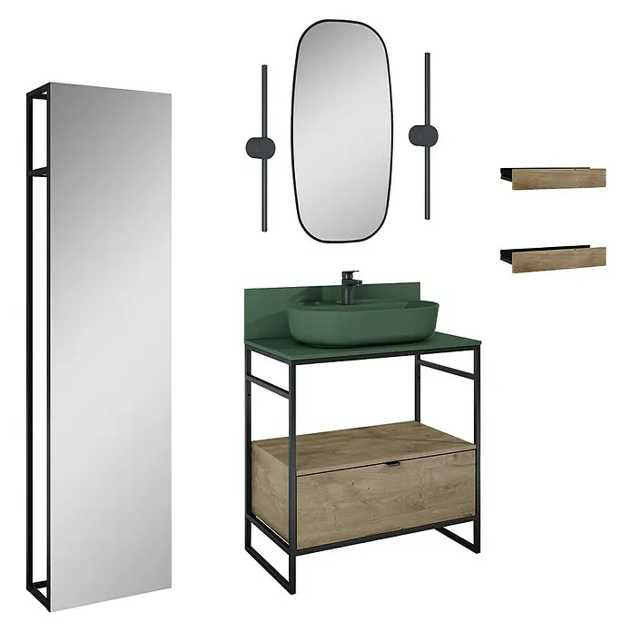 Inspira Badmöbel-Set AF3 - Gesamtbreite Badmöbel: 80 cm, Forest Green/Canela Oak/Black, Matt, 12 -tlg. - Badezimmer-Set mit einem Waschtisch mit grüner Arbeitsplatte und Waschbecken, Spiegeln und Regalen.