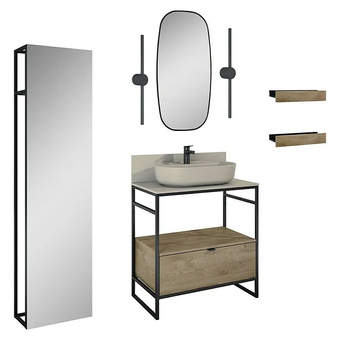 Inspira Badmöbel-Set AF4 - Gesamtbreite Badmöbel: 80 cm, Fume/Canela Oak/Black, Matt, 12 -tlg. - Ein elegantes Badezimmer-Set mit Waschtisch, Spiegel und Ablagen. Das moderne Design verleiht jedem Bad eine stilvolle Note.