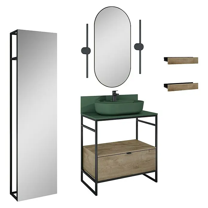 Inspira Badmöbel-Set AG3 - Gesamtbreite Badmöbel: 80 cm, Forest Green/Canela Oak/Black, Matt, 12 -tlg. - Stilvolles Badezimmerset mit Waschbeckenunterschrank, Spiegel und Ablagen in modernem Design.