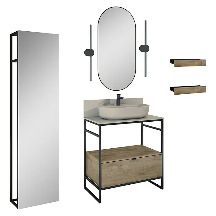 Inspira Badmöbel-Set AG4 - Gesamtbreite Badmöbel: 80 cm, Fume/Canela Oak/Black, Matt, 12 -tlg. - Ein modernes Badezimmer-Set mit Waschbeckenunterschrank, Spiegel und Regalen in Schwarz und Holzoptik.