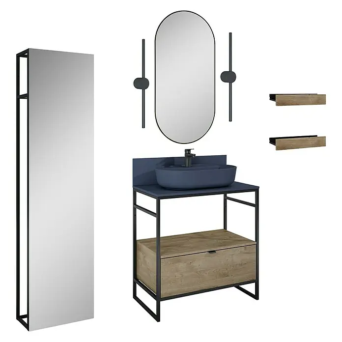 Inspira Badmöbel-Set AG5 - Gesamtbreite Badmöbel: 80 cm, Navy Blue/Canela Oak/Black, Matt, 12 -tlg. - Badezimmerset mit Spiegel, Waschbeckenunterschrank und Regalen in modernem Design für stilvolle Badezimmer.