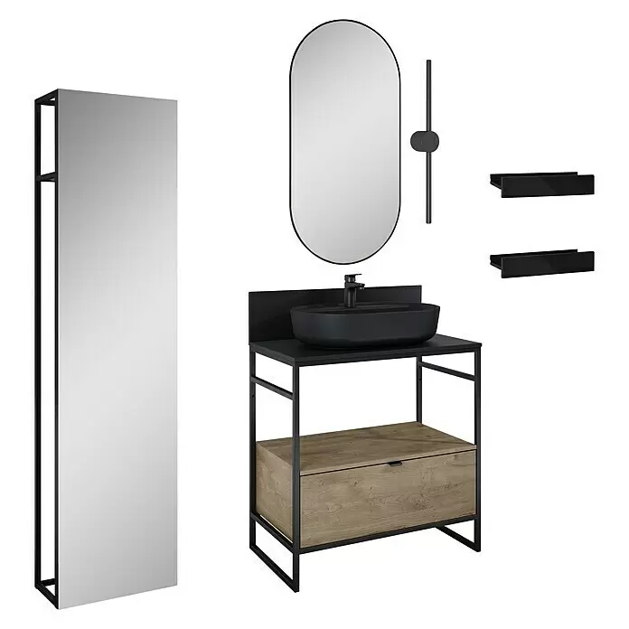 Inspira Badmöbel-Set AG6 - Gesamtbreite Badmöbel: 80 cm, Black/Canela Oak, Matt, 12 -tlg. - Diagonale Ansicht