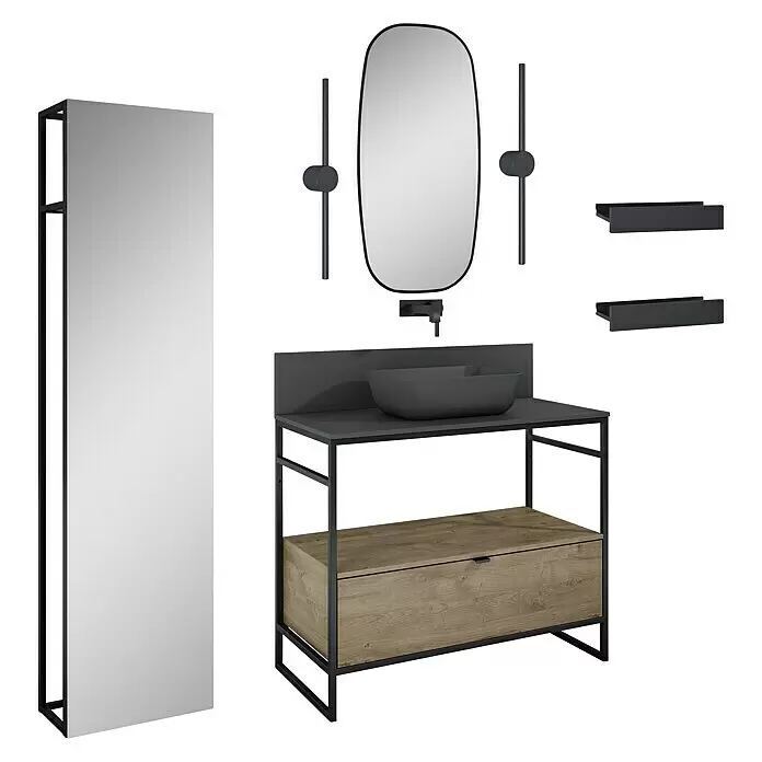 Inspira Badmöbel-Set AH1 - Gesamtbreite Badmöbel: 100 cm, Anthracite/Canela Oak/Black, Matt, 12 -tlg. - Diagonale Ansicht