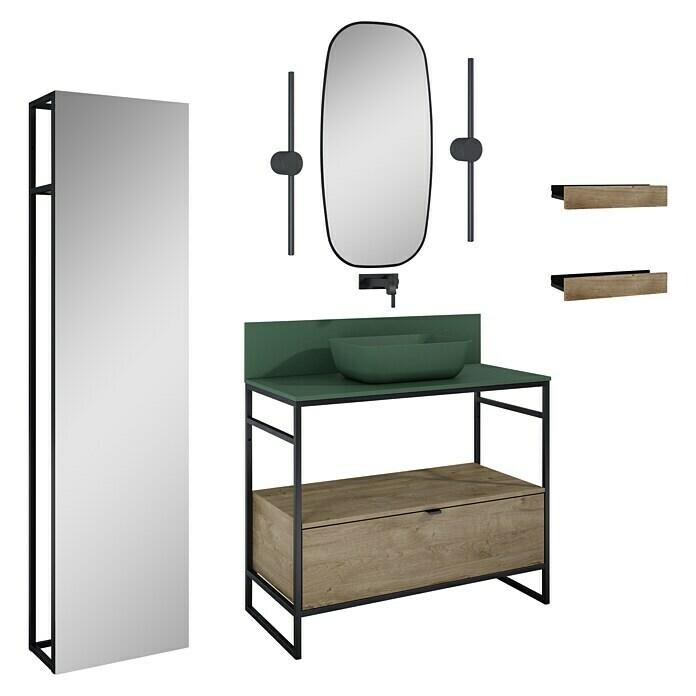 Inspira Badmöbel-Set AH2 (12 -tlg., 100 cm, Forest Green/Canela Oak/Black, Matt) | BAUHAUS