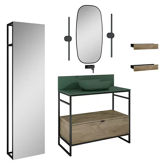 Inspira Badmöbel-Set AH2 - Gesamtbreite Badmöbel: 100 cm, Forest Green/Canela Oak/Black, Matt, 12 -tlg. - Diagonale Ansicht