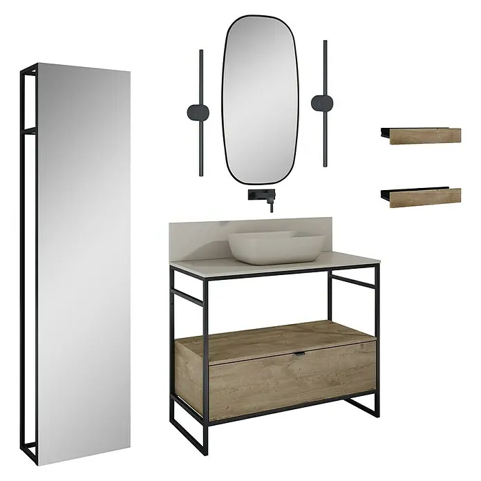 Inspira Badmöbel-Set AH3 - Gesamtbreite Badmöbel: 100 cm, Fume/Canela Oak/Black, Matt, 12 -tlg. - Stilvolles Badezimmer-Set mit Waschtischunterschrank, Spiegel und Regalen. Das moderne Design verleiht Ihrem Bad eine elegante Note.