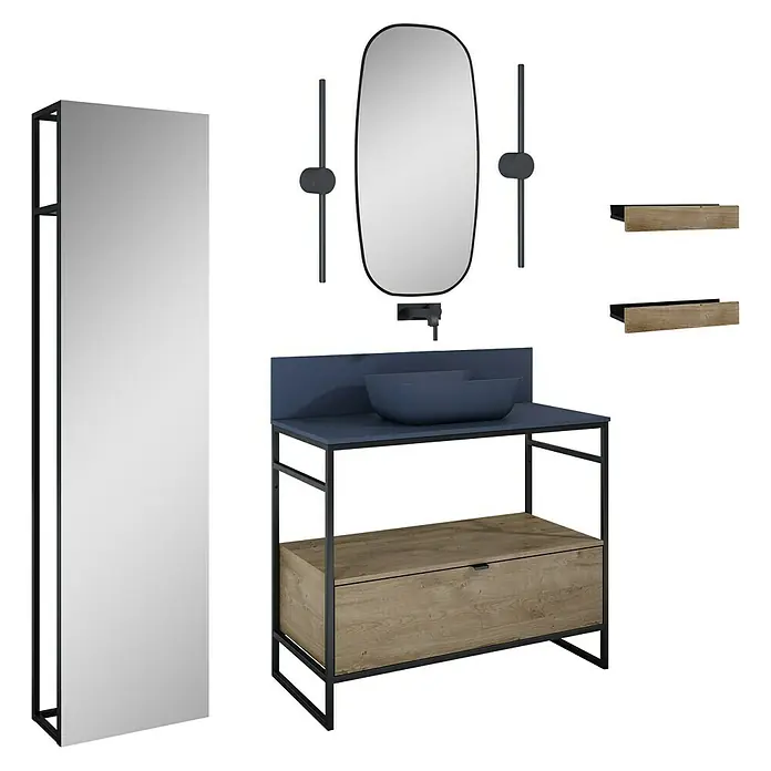 Inspira Badmöbel-Set AH4 - Gesamtbreite Badmöbel: 100 cm, Navy Blue/Canela Oak/Black, Matt, 12 -tlg. - Elegantes Badezimmer-Ensemble mit Waschtischunterschrank, Spiegel und Regalen für ein stilvolles Ambiente.
