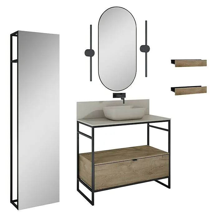 Inspira Badmöbel-Set AI3 - Gesamtbreite Badmöbel: 100 cm, Fume/Canela Oak/Black, Matt, 12 -tlg. - Ein modernes Badezimmer-Set mit Waschtisch, Spiegel und Ablagen in stilvollem Design.