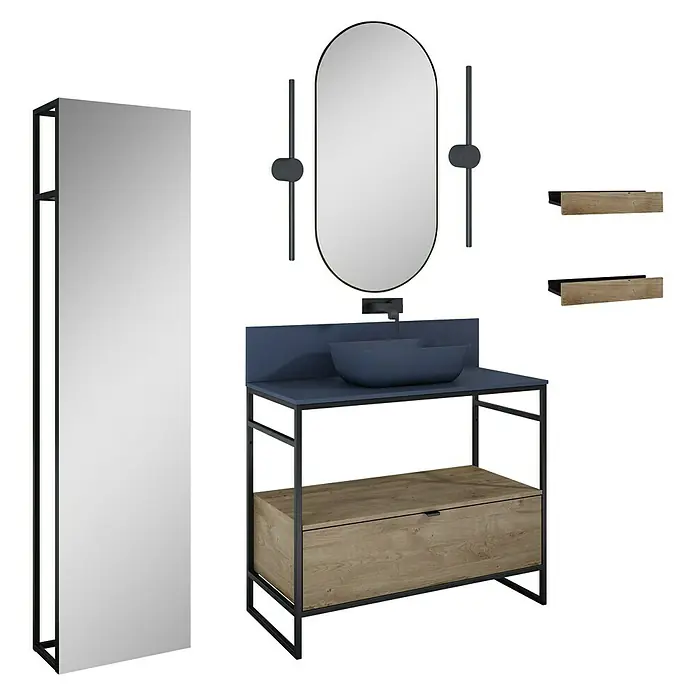 Inspira Badmöbel-Set AI4 - Gesamtbreite Badmöbel: 100 cm, Navy Blue/Canela Oak/Black, Matt, 12 -tlg. - Badezimmerset mit Waschtisch, Spiegel und Regalen. Das Waschbecken ist aus Keramik und die Regale sind aus Holz gefertigt.