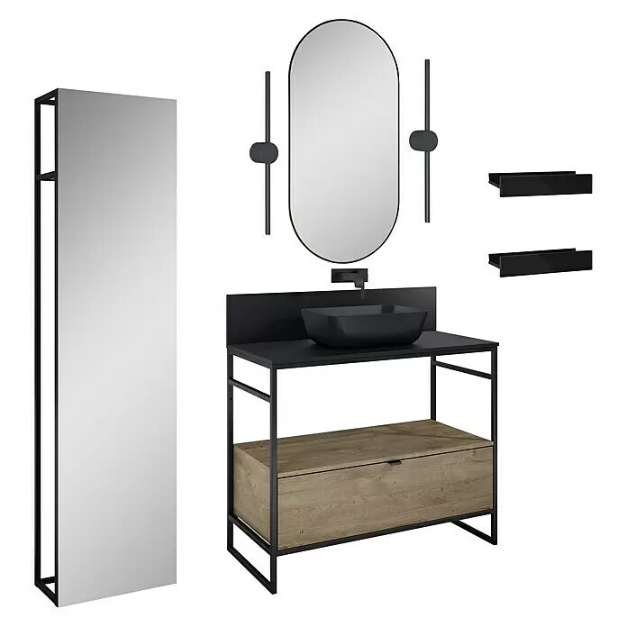 Inspira Badmöbel-Set AI5 - Gesamtbreite Badmöbel: 100 cm, Black/Canela Oak, Matt, 12 -tlg. - Diagonale Ansicht
