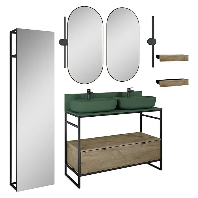 Inspira Badmöbel-Set AJ2 - Gesamtbreite Badmöbel: 120 cm, Forest Green/Canela Oak/Black, Matt, 15 -tlg. - Badezimmer-Set mit Waschtisch, Spiegeln und Regalen. Das moderne Design besticht durch grüne Waschbecken und Holzdetails.