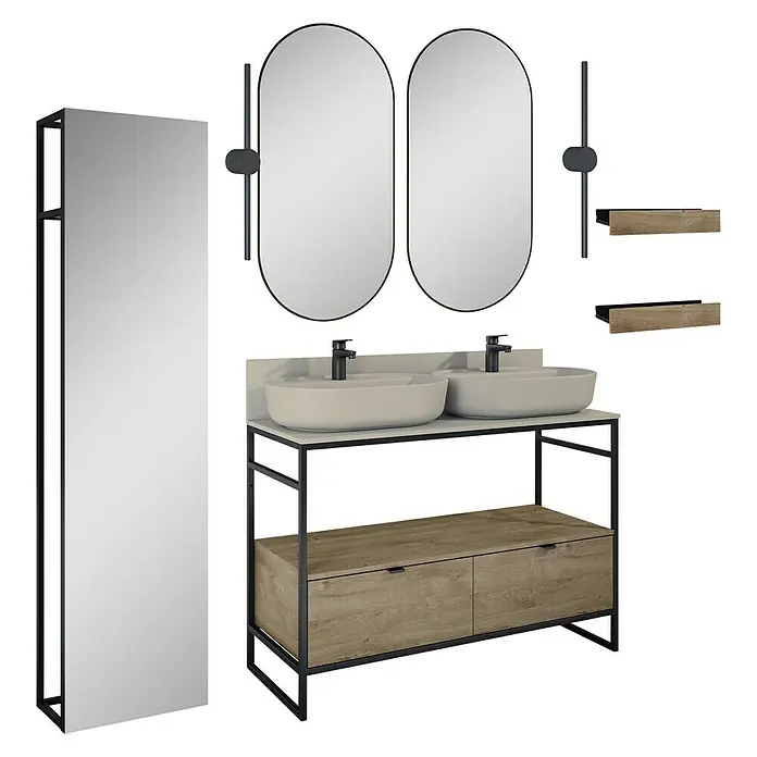 Inspira Badmöbel-Set AJ3 - Gesamtbreite Badmöbel: 120 cm, Fume/Canela Oak/Black, Matt, 15 -tlg. - Modernes Badezimmer-Set mit Doppelwaschtisch, Spiegeln und Regalen in Schwarz und Holzoptik. Stilvolles Design für ein elegantes Bad.